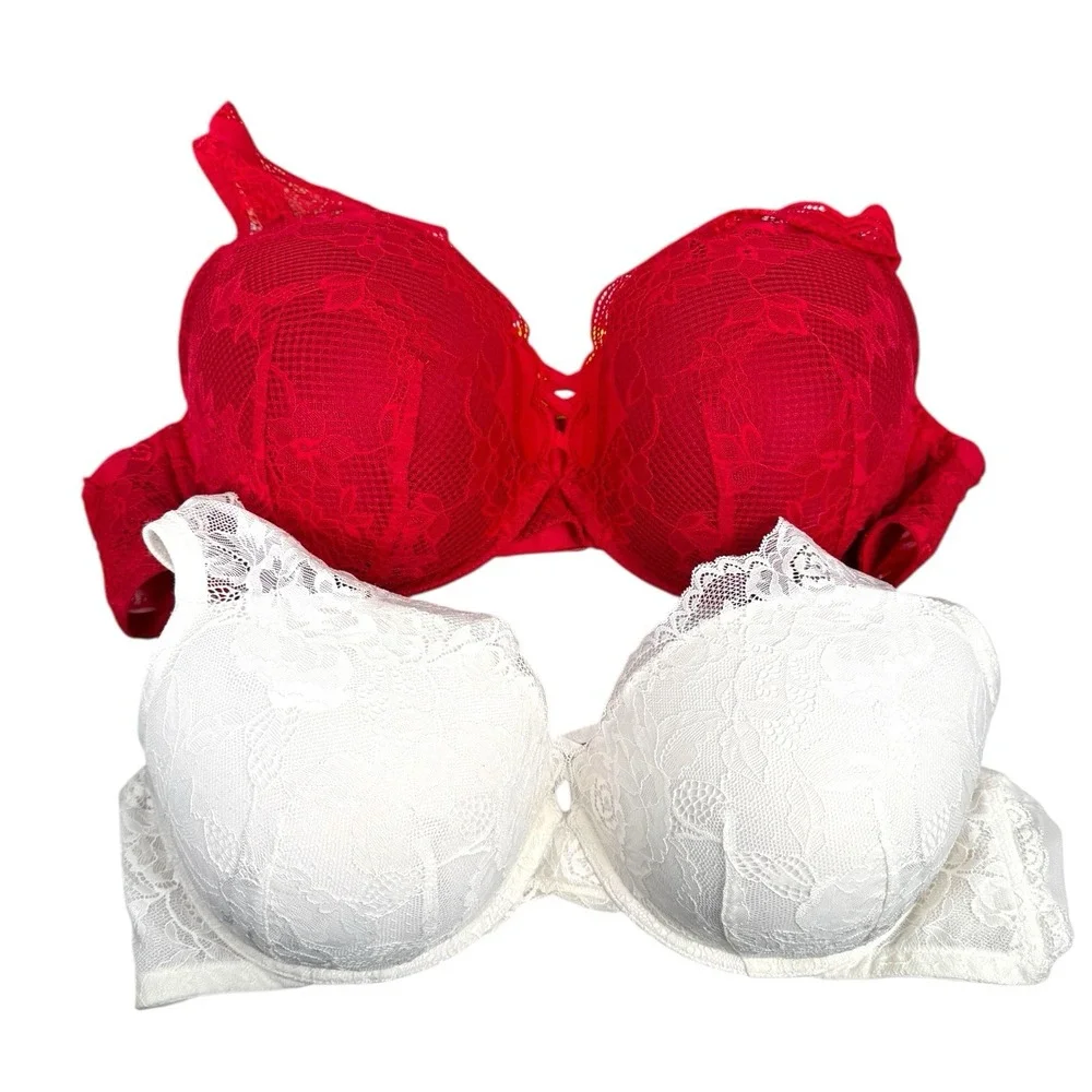 Torrid Curve 2 XO Plunge Push-Up Bra 44D White Red Lace Underwire Crisscross 351
